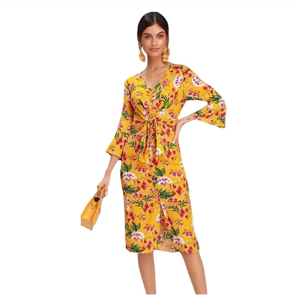 Lulus Yellow April Golden floral print front tie Dress